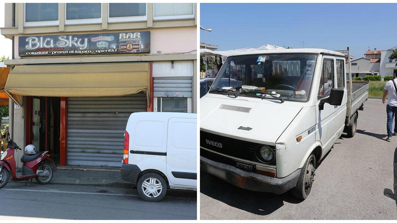 Il bar Blu Sky e il furgone utilizzato come ariete (Foto Agenzia Carlo Sestini)
