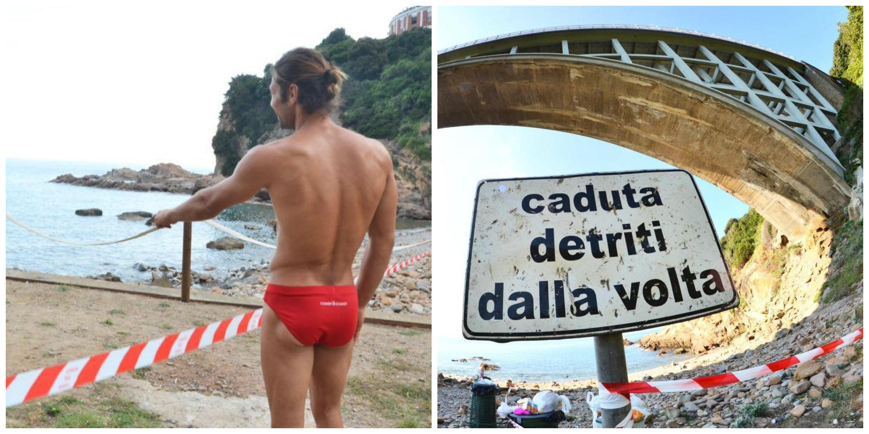 A sinistra: un bagnante mostra la zona del nuovo cedimento (giugno 2015). A destra: siamo nell'agosto 2014, il cartello indica il pericolo di caduta di detriti dalla volta del ponte (Silvestri Pentafoto)
