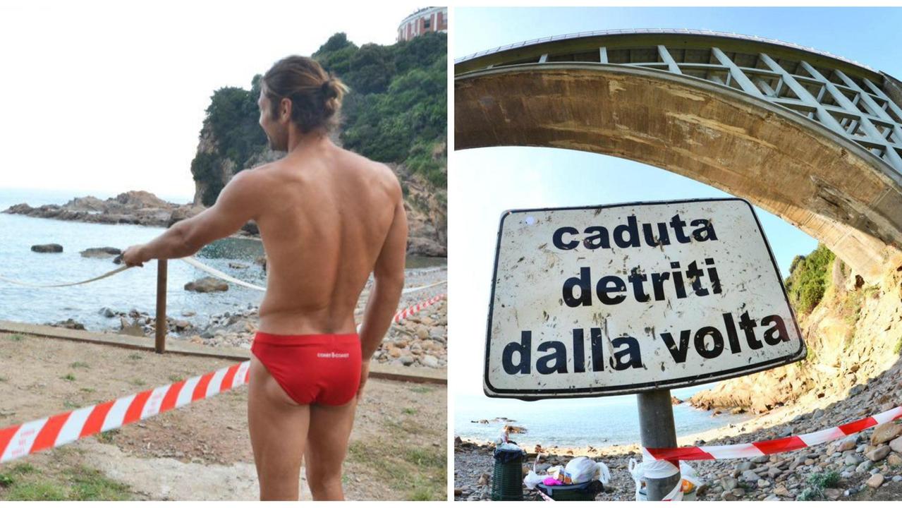 A sinistra: un bagnante mostra la zona del nuovo cedimento (giugno 2015). A destra: siamo nell'agosto 2014, il cartello indica il pericolo di caduta di detriti dalla volta del ponte (Silvestri Pentafoto)