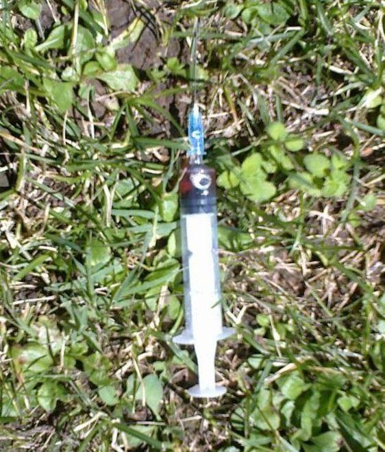 Trova una siringa insanguinata in giardino 