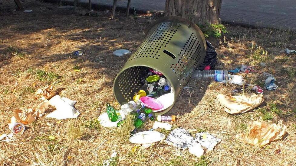 Rovesciati tutti i cestini, i rifiuti sparsi nel parco