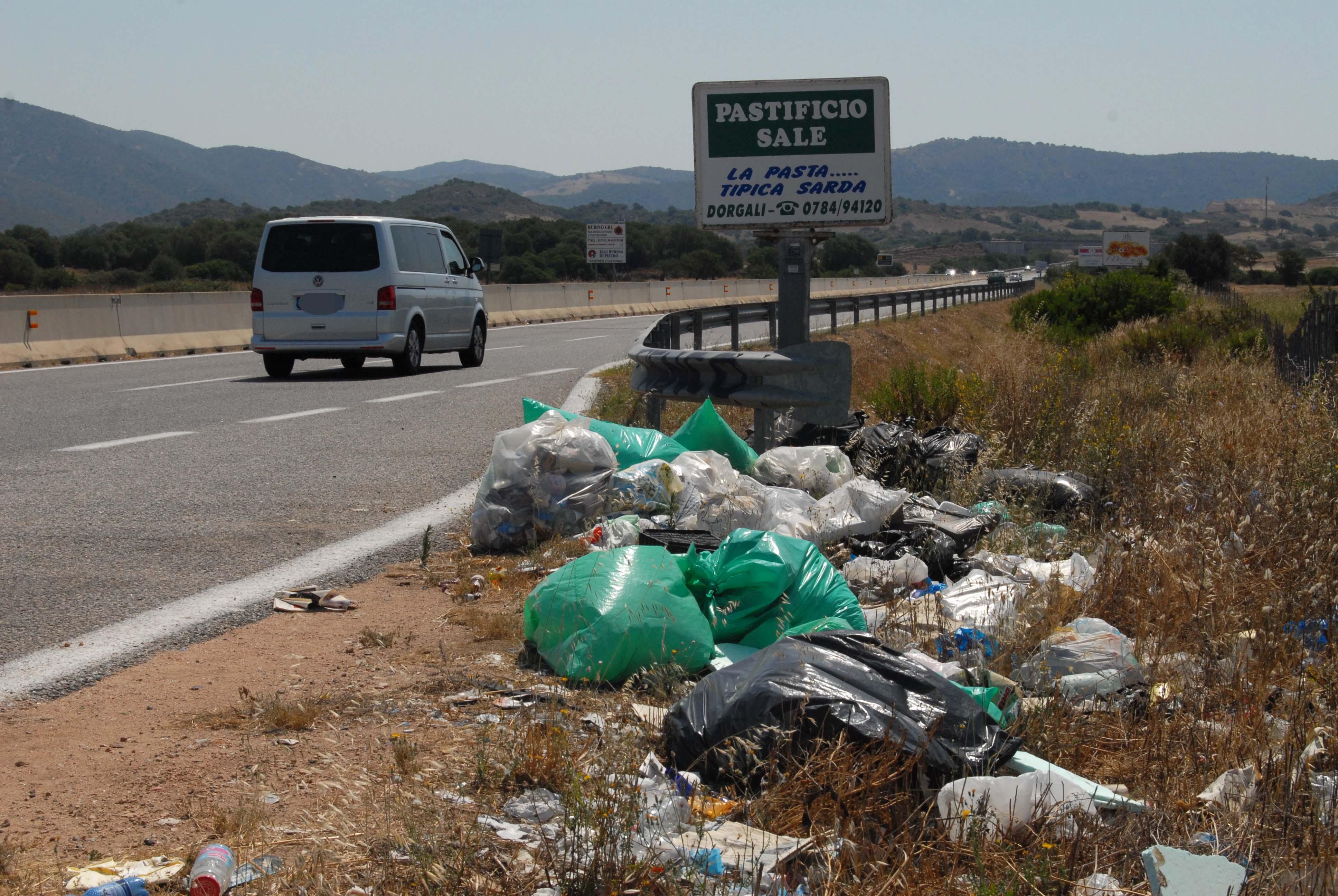 Un'immagine della Olbia-Nuoro invasa dai rifiuti