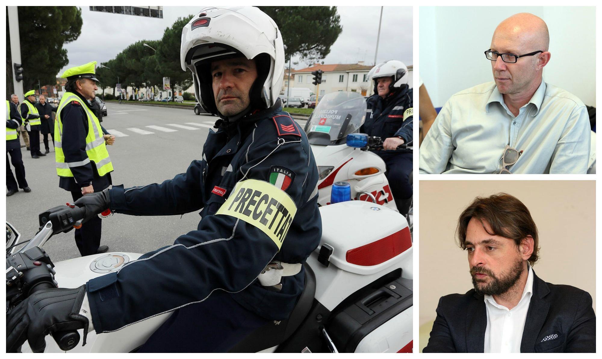Agenti in servizio con la scritta “precettato” il 17 gennaio scorso, Alessio Spinelli (in alto) e Giulio Mangani