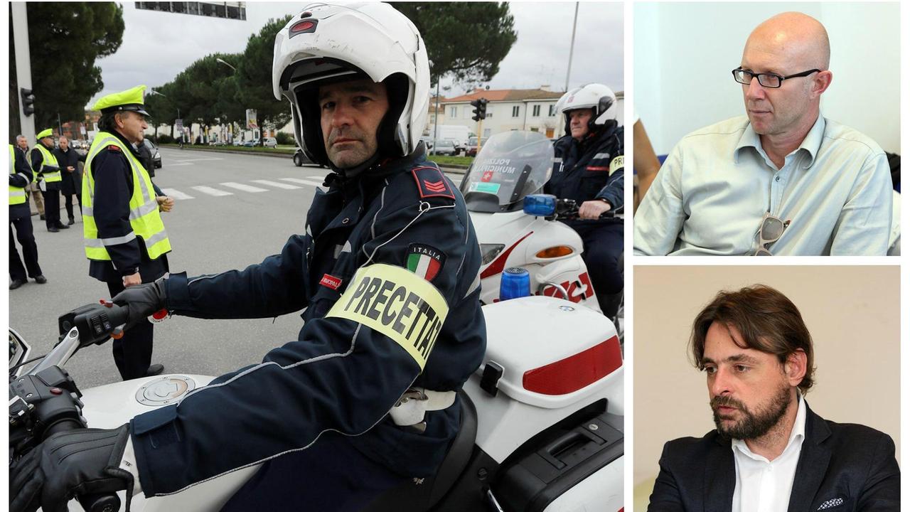 Agenti in servizio con la scritta “precettato” il 17 gennaio scorso, Alessio Spinelli (in alto) e Giulio Mangani