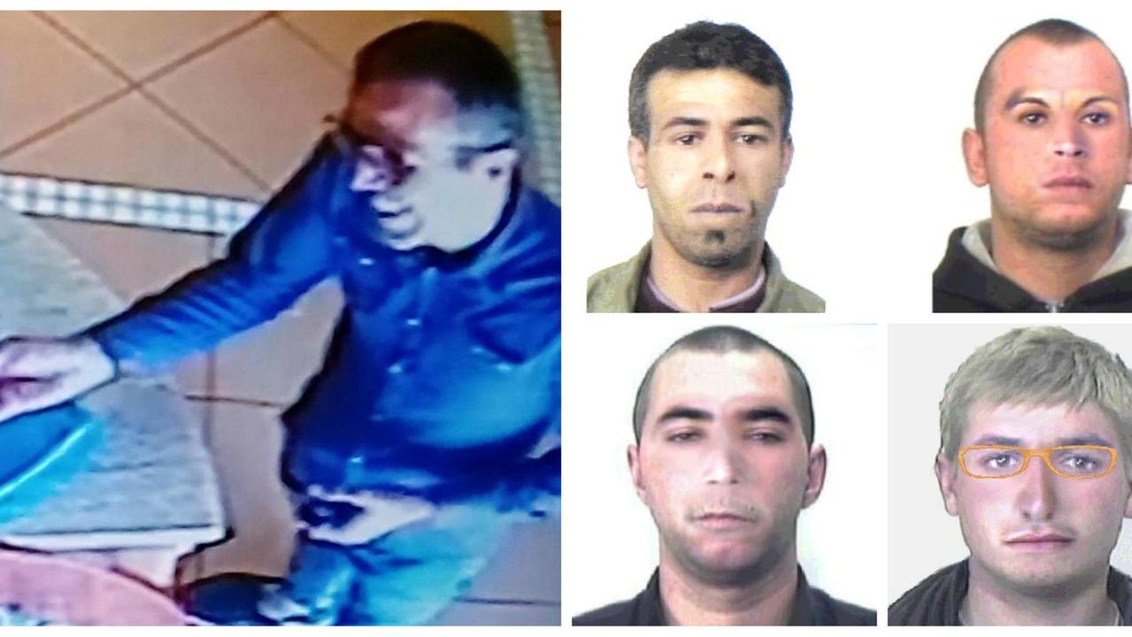 Una foto estratta da un video e quattro identikit di truffatori