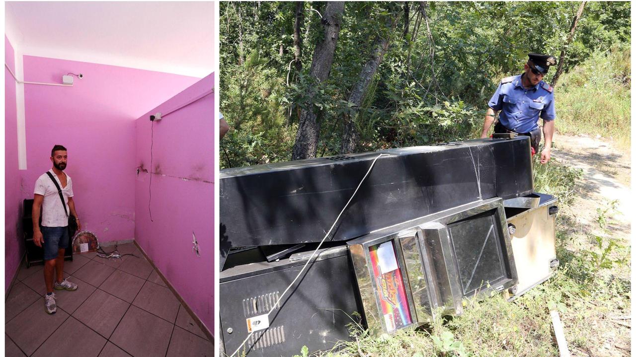 Federico Conti nella sala slot svuotata e le macchinette ritrovate nel bosco (Foto Agenzia Carlo Sestini)