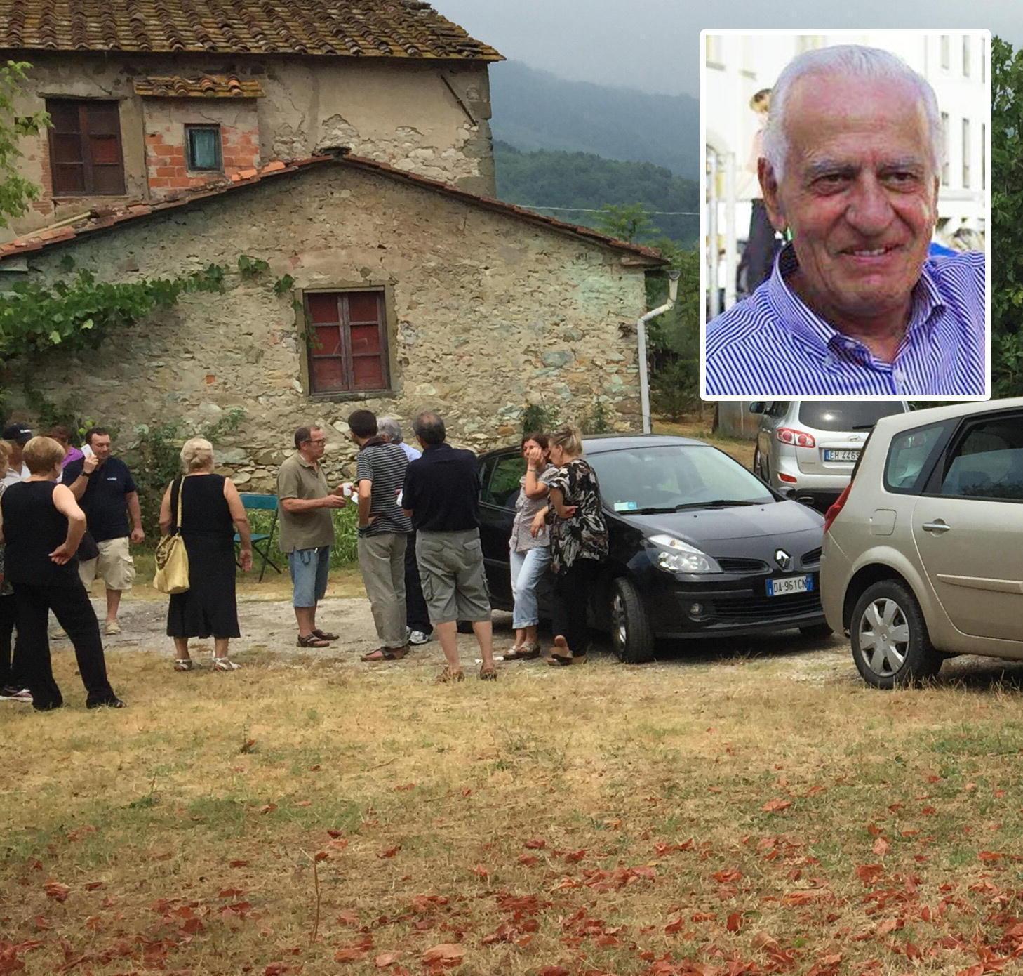 Familiari e amici al cascinale della tragedia. Nel riquadro la vittima, Sergio Pillozzi