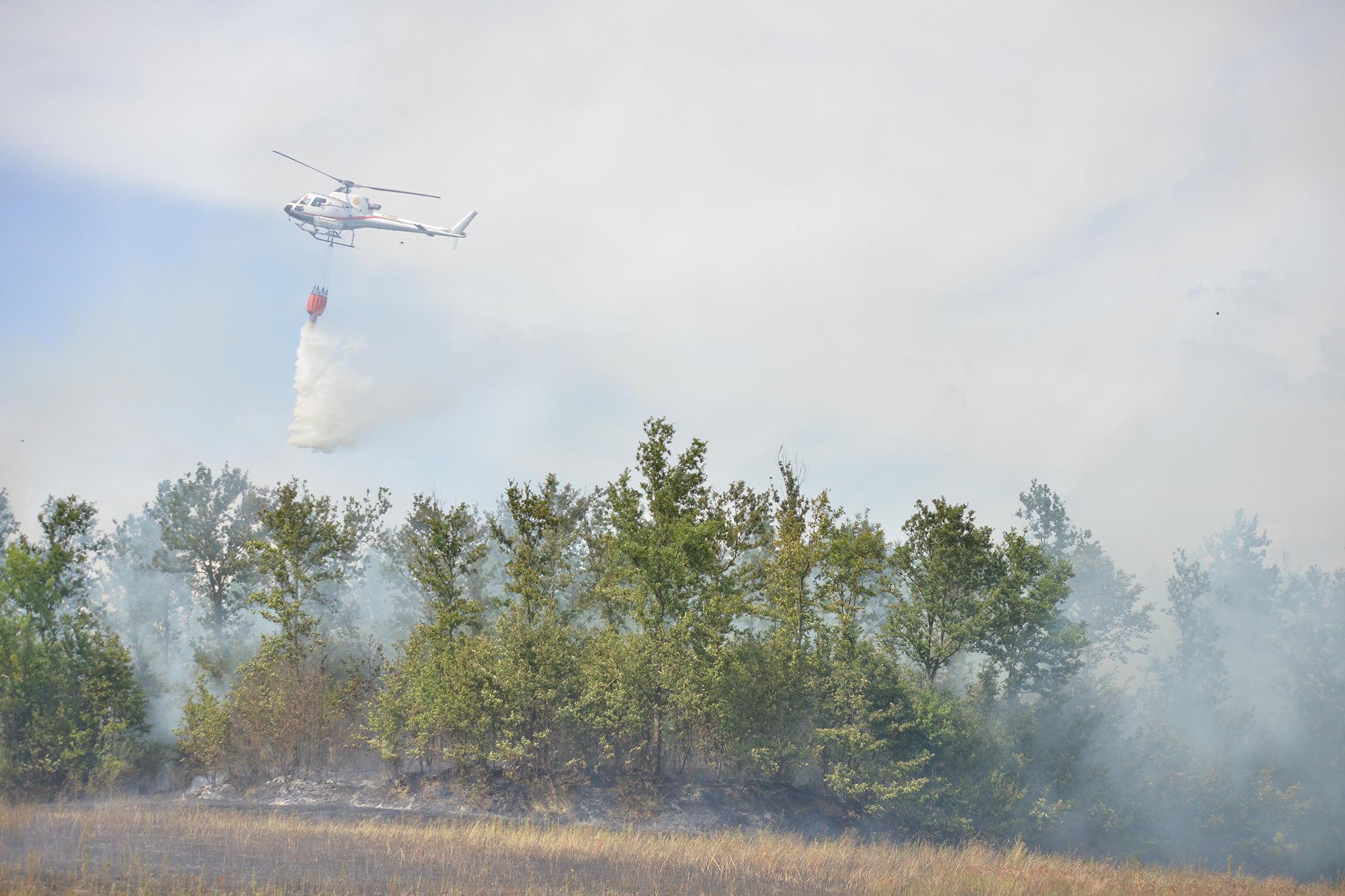 L'elicottero dell'antincendio boschivo in azione a Stabbia (Foto Agenzia Carlo Sestini)