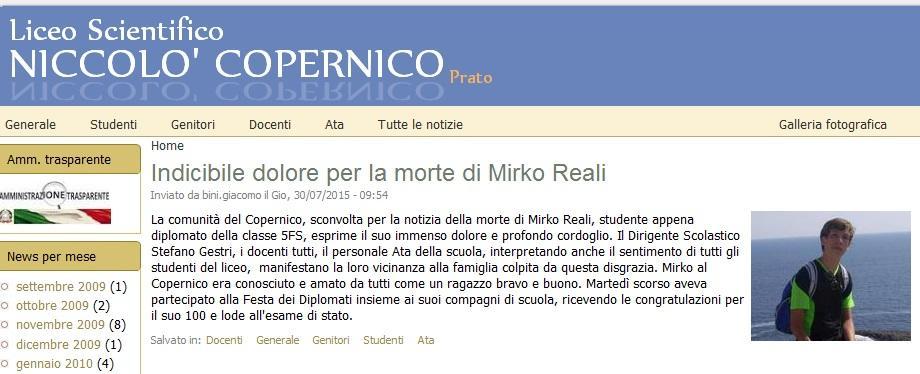 Il messaggio di cordoglio sul sito del Copernico