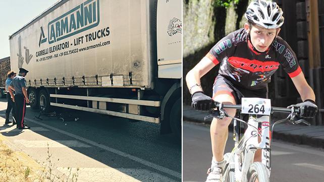 Il camion rimasto coinvolto nell'incidente e la vittima, Simone Pardini