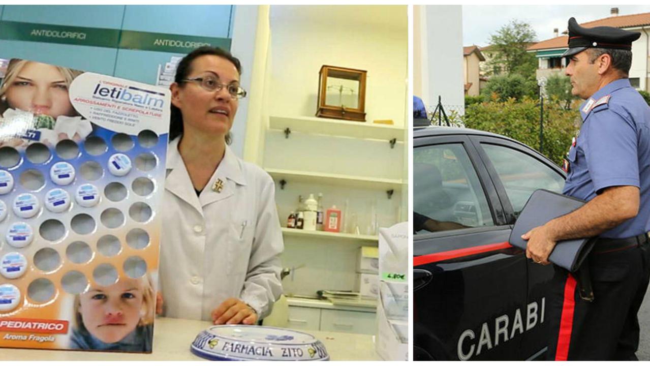 Una dipendente della farmacia Zito racconta l'episodio, a destra un carabiniere (archivio)