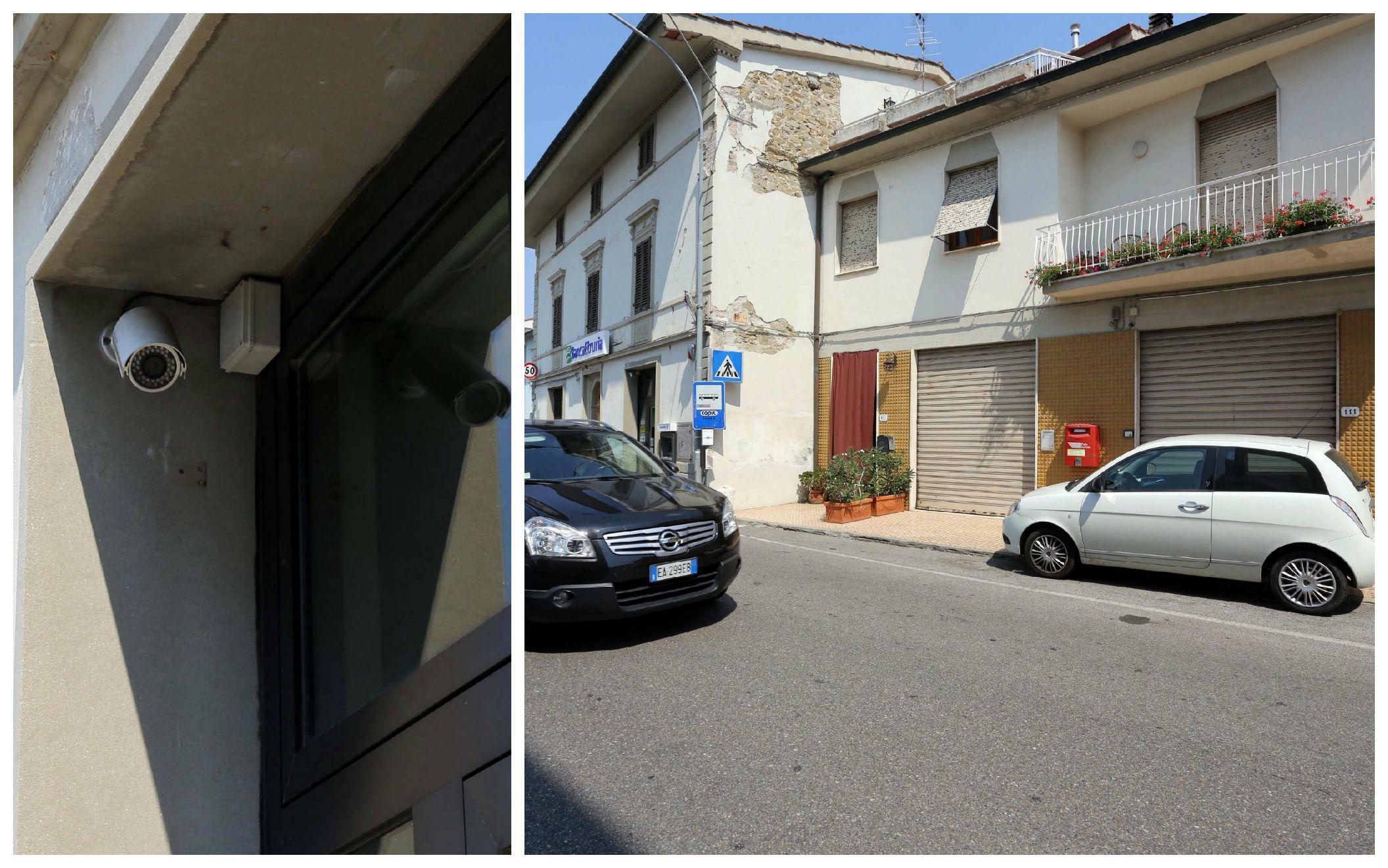 L'ufficio postale di Vitolini e la telecamera della banca accanto (Foto Agenzia Carlo Sestini)