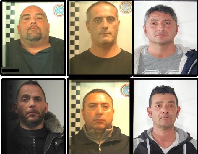 Gli arrestati. In alto da sinistra: Giuseppe Alfano, Rino Cacace, Stefano Ludovico. In basso da sinistra:  Giovanni Mereu, Salvatore Callipari, Salvatore Diaco (foto della Polizia di Stato)