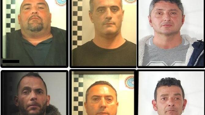 Gli arrestati. In alto da sinistra: Giuseppe Alfano, Rino Cacace, Stefano Ludovico. In basso da sinistra: Giovanni Mereu, Salvatore Callipari, Salvatore Diaco (foto della Polizia di Stato)