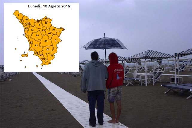 Nel riquadro l'allerta arancione che riguarda tutta la Toscana