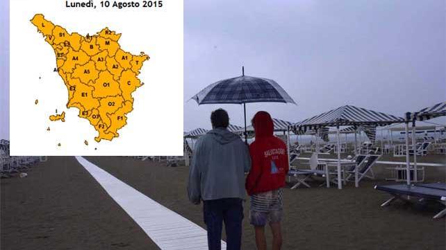 Nel riquadro l'allerta arancione che riguarda tutta la Toscana
