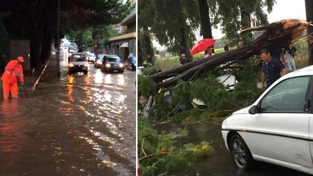 Allagamenti a Cecina (foto Falorni/Silvi) e un'auto distrutta da un albero caduto a Migliarino (foto di un lettore, Mauro Rosati)