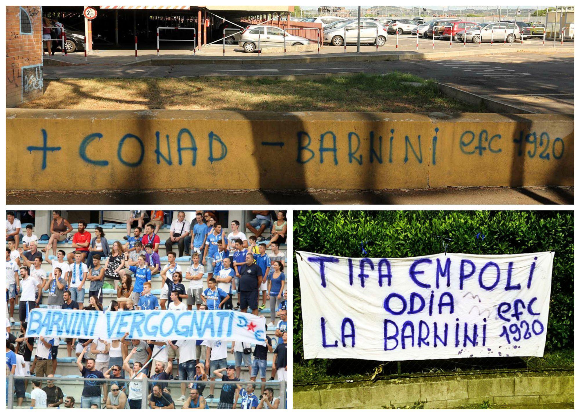 In alto la scritta alla stazione e sopra lo striscione esposto al Castellani e quello vicino alla Coop 