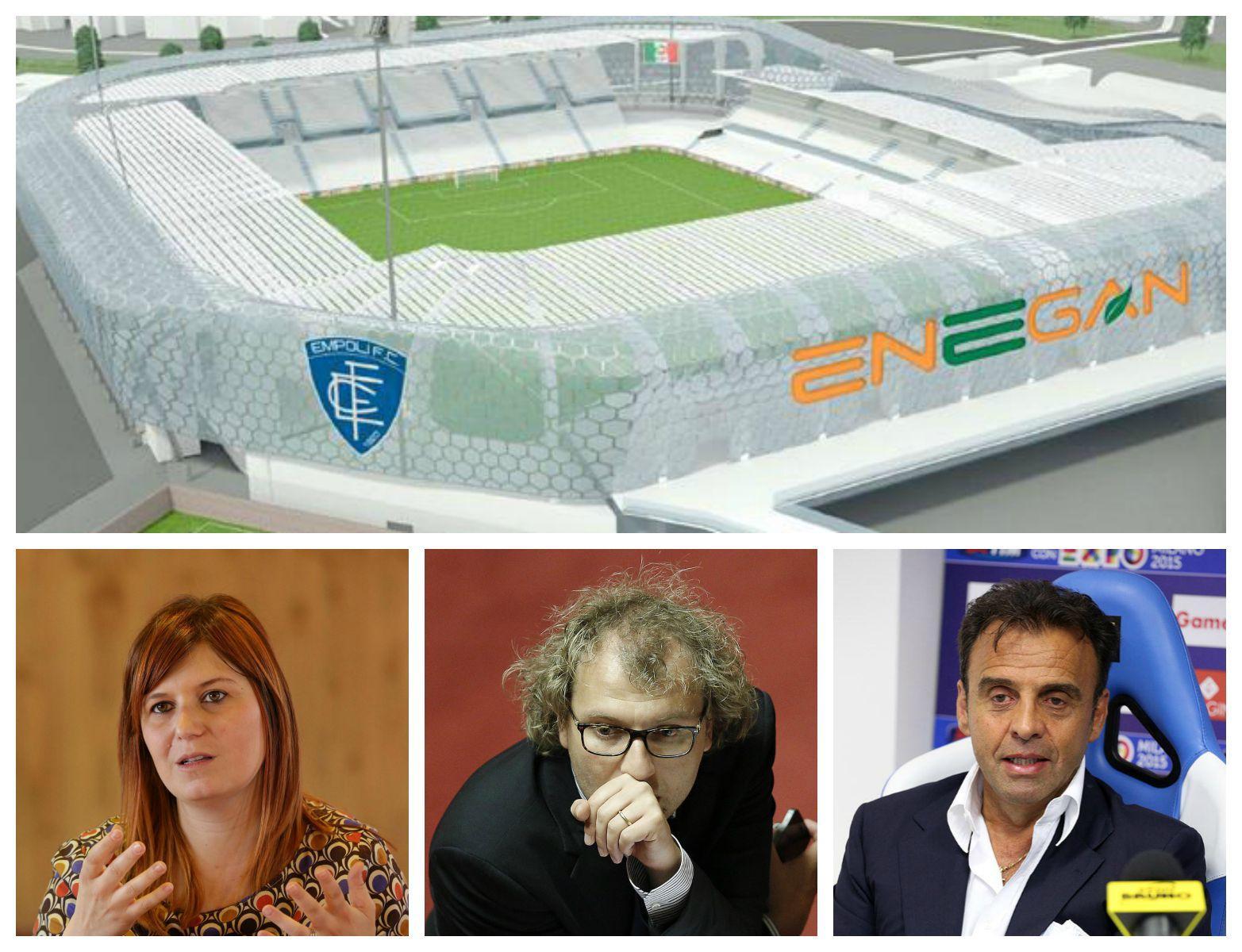 Il progetto dell'Enegan Stadium e da sinistra Brenda Barnini, Luca Lotti e Fabrizio Corsi