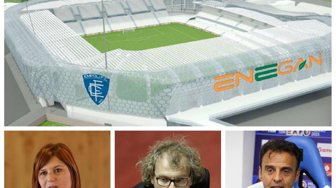 Il progetto dell'Enegan Stadium e da sinistra Brenda Barnini, Luca Lotti e Fabrizio Corsi