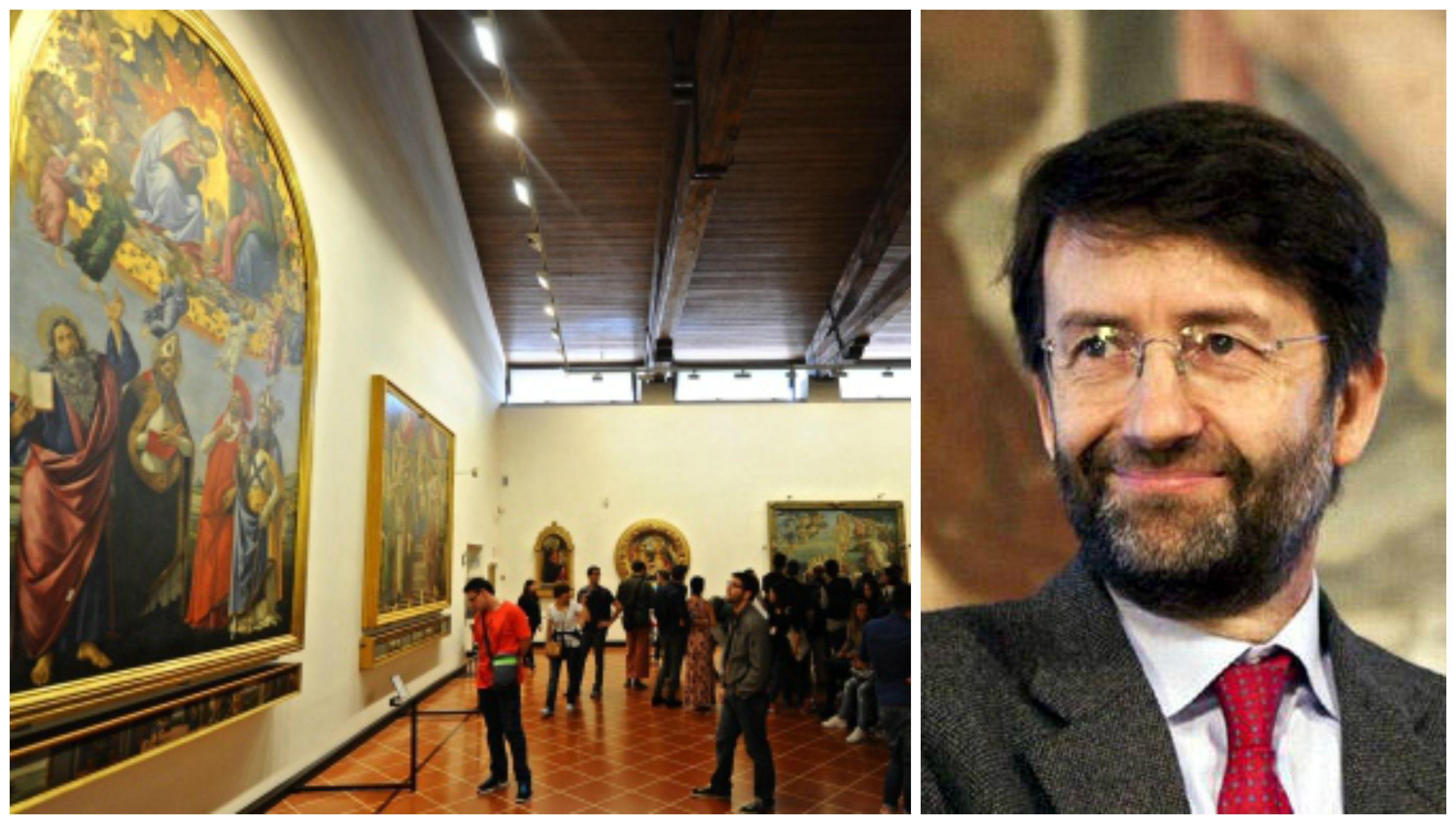 Una sala degli Uffizi e il ministro Dario Franceschini