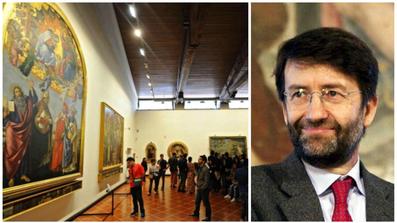Una sala degli Uffizi e il ministro Dario Franceschini