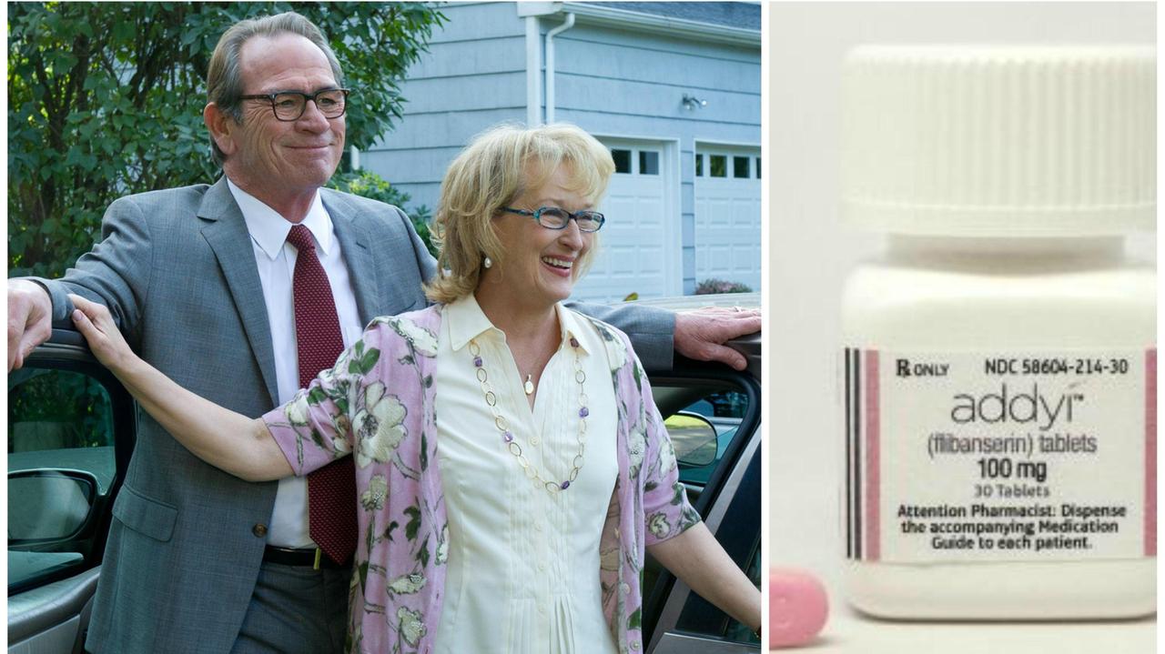 Maryl Streep e Tommy Lee Jones nel film "Il matrimonio che vorrei", una coppia matura alle prese con il calo di desiderio. A destra una confezione di Addyi, il "Viagra rosa"