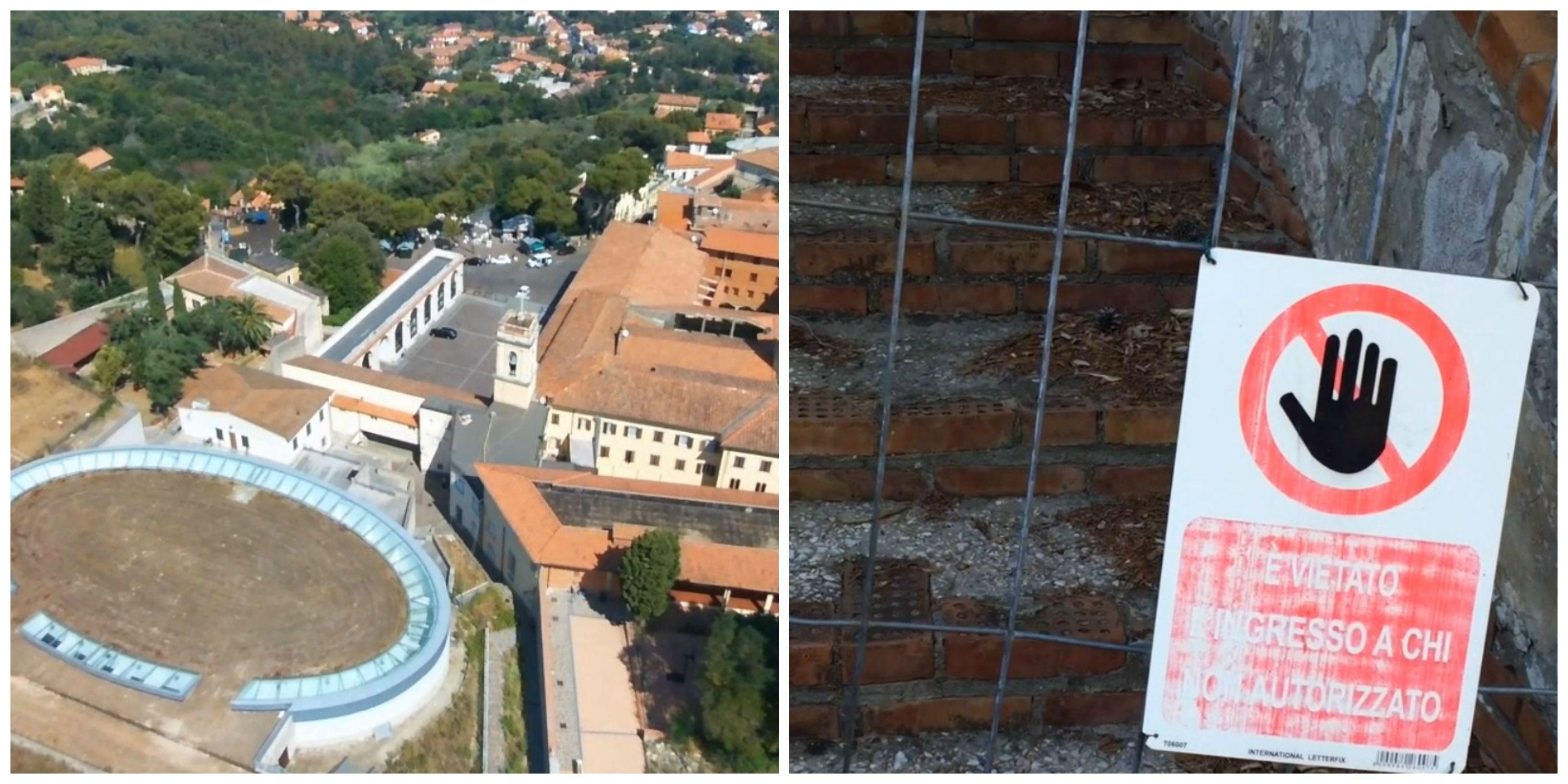 A sinistra: l'aula mariana e il santuario di Montenero visti dall'alto. A destra: l'ingresso sbarrato al cammino di meditazione sopra le grotte (Marzi Pentafoto)