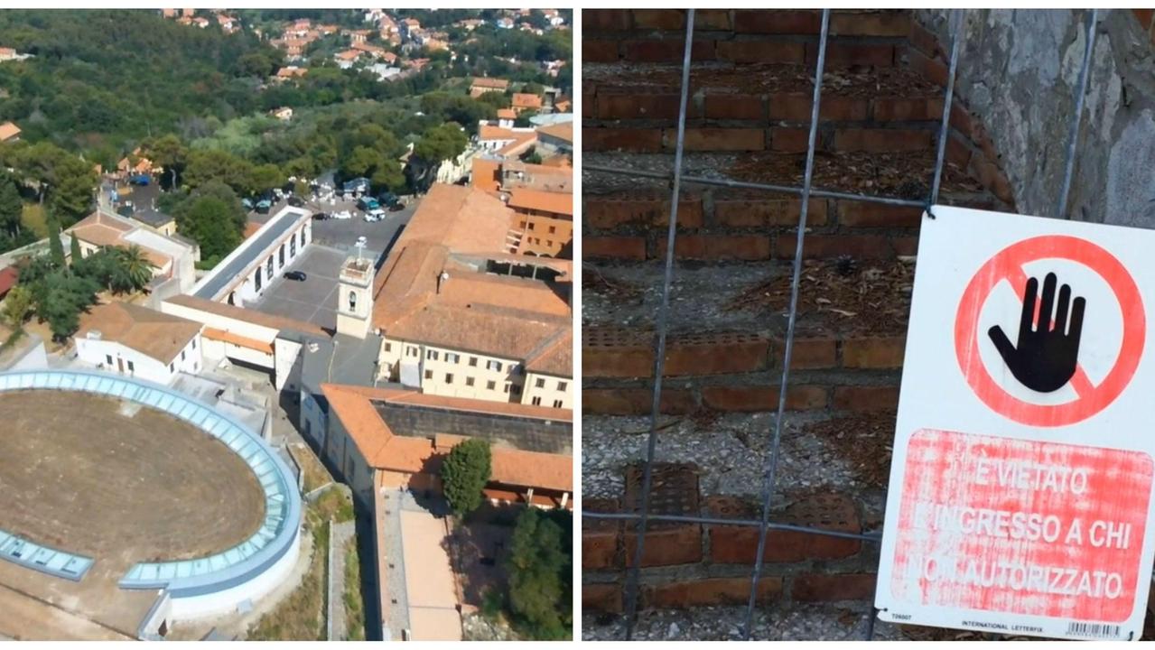 A sinistra: l'aula mariana e il santuario di Montenero visti dall'alto. A destra: l'ingresso sbarrato al cammino di meditazione sopra le grotte (Marzi Pentafoto)