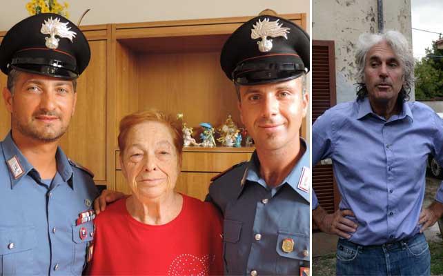 Franca Casarosa insieme ai due carabinieri che l'hanno salvata. Sulla destra l'artigiano che si è tuffato con i militari