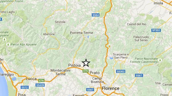 Nella cartina dell'Ingv l'epicentro della scossa nella Piana pistoiese