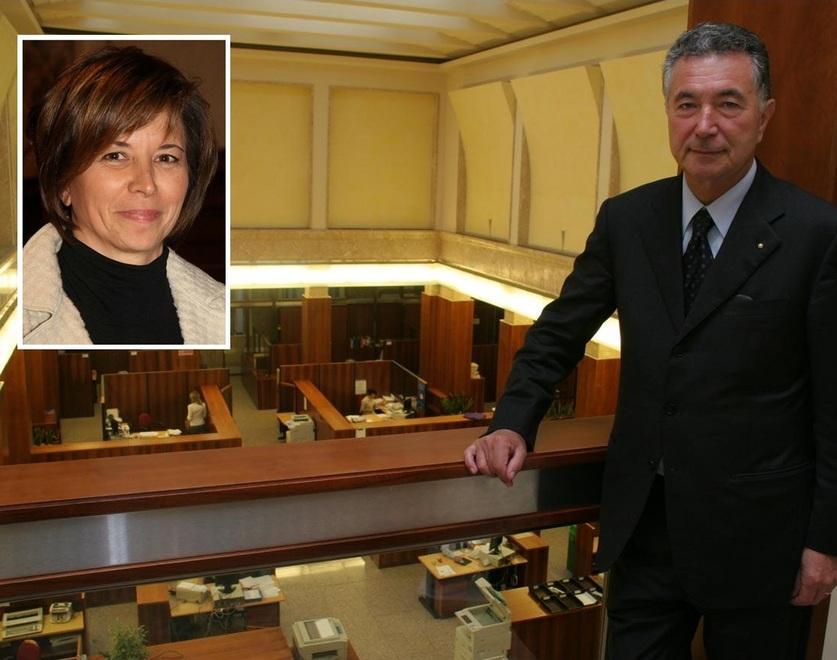 A sinistra in alto Fabia Romagnoli, a destra il presidente Bpvi Zonin nella sede di via degli Alberti