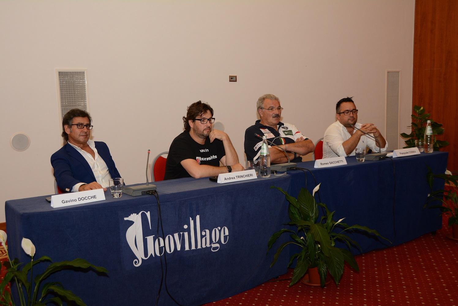 La presentazione del Torneo Geovillage con Trinchieri (secondo da sin.) e Sacchetti (terzo)