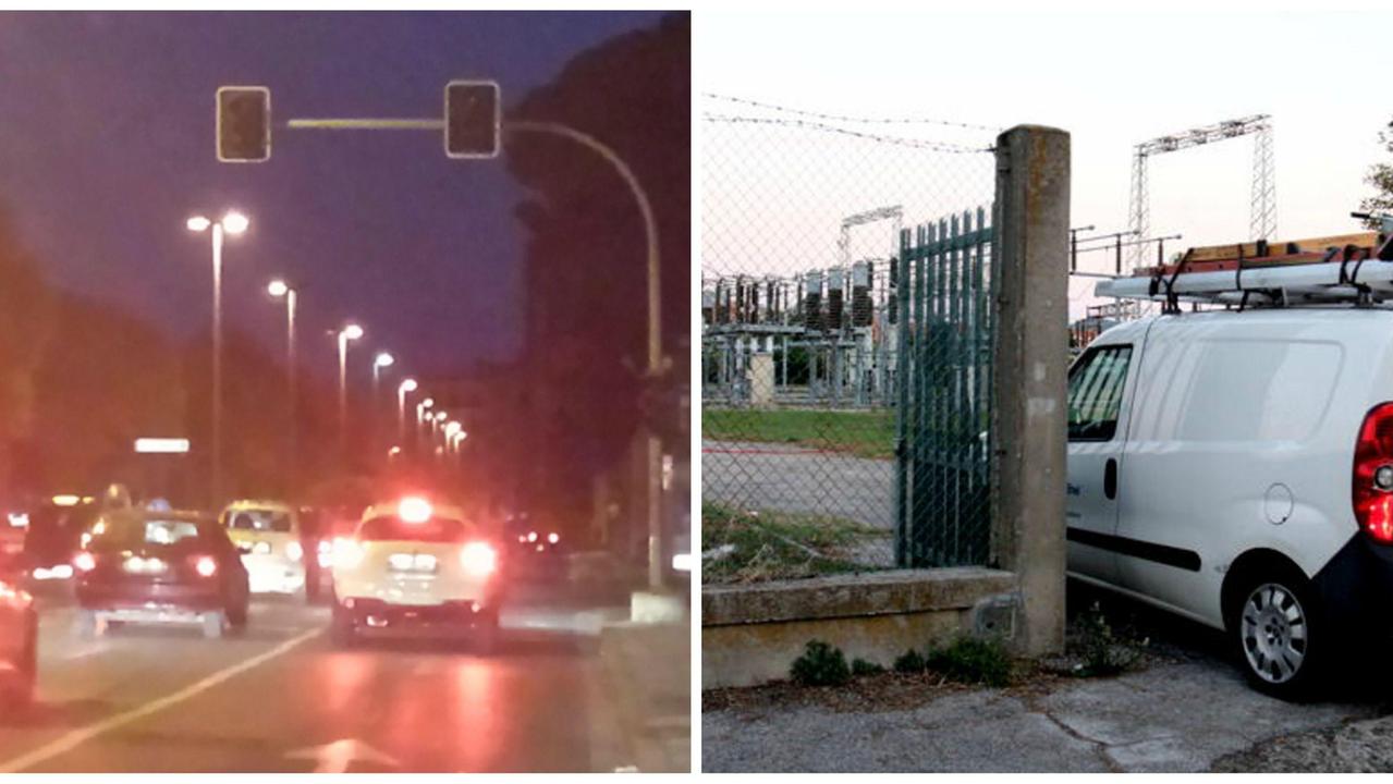A sinistra: clack out al semaforo all'incrocio fra Aurelia e viale Mameli (foto Malventi). A destra: la squadra Enel alla cabina elettrica in zona La Rosa (foto Marzi Pentafoto)