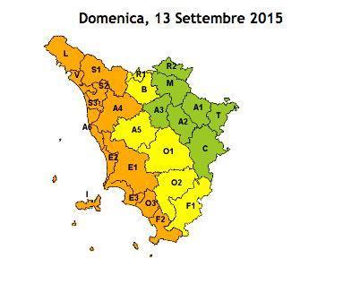 La geografia dell'allerta meteo prevista dalla Regione Toscana per il 13 e il 14 settembre 2015
