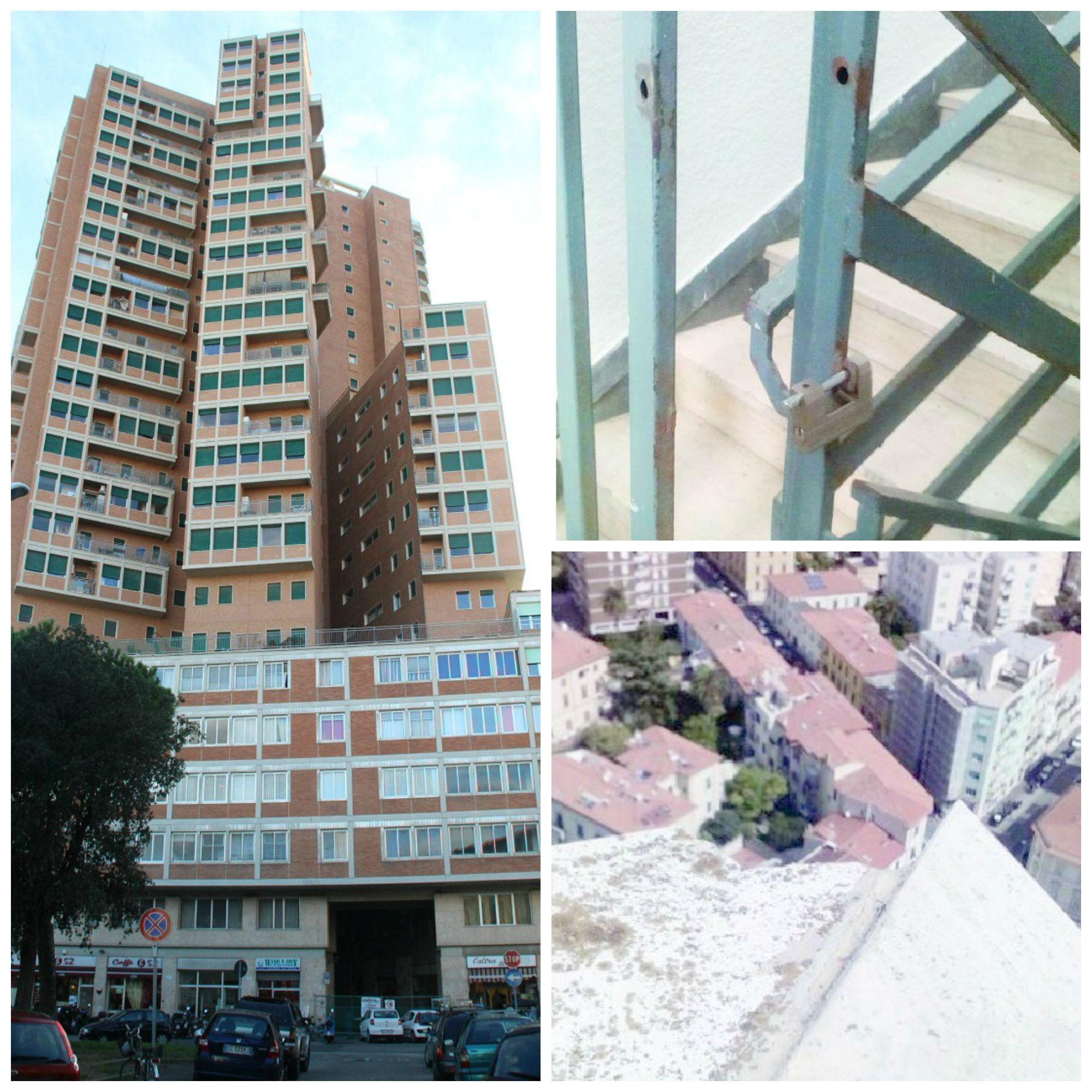 Il Grattacielo di piazza Roma progettato da Giovanni Michelucci. A fianco: in alto, trovato aperto il cancello per accesso alla terrazza sul tetto; sotto, il punto dal quale si sarebbero buttati giù i due giovani