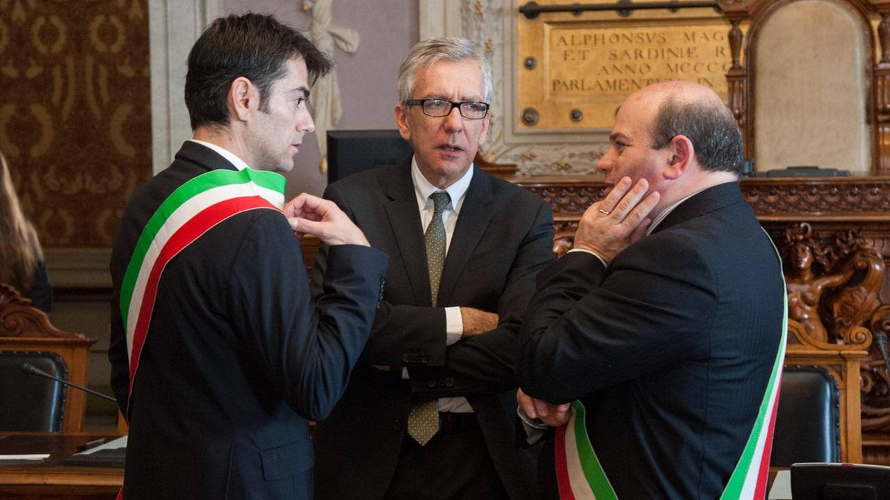 Da sinistra, il sindaco di Cagliari Massimo Zedda, il presidente della Regione Francesco Pigliaru e il sindaco di Sassari Nicola Sanna