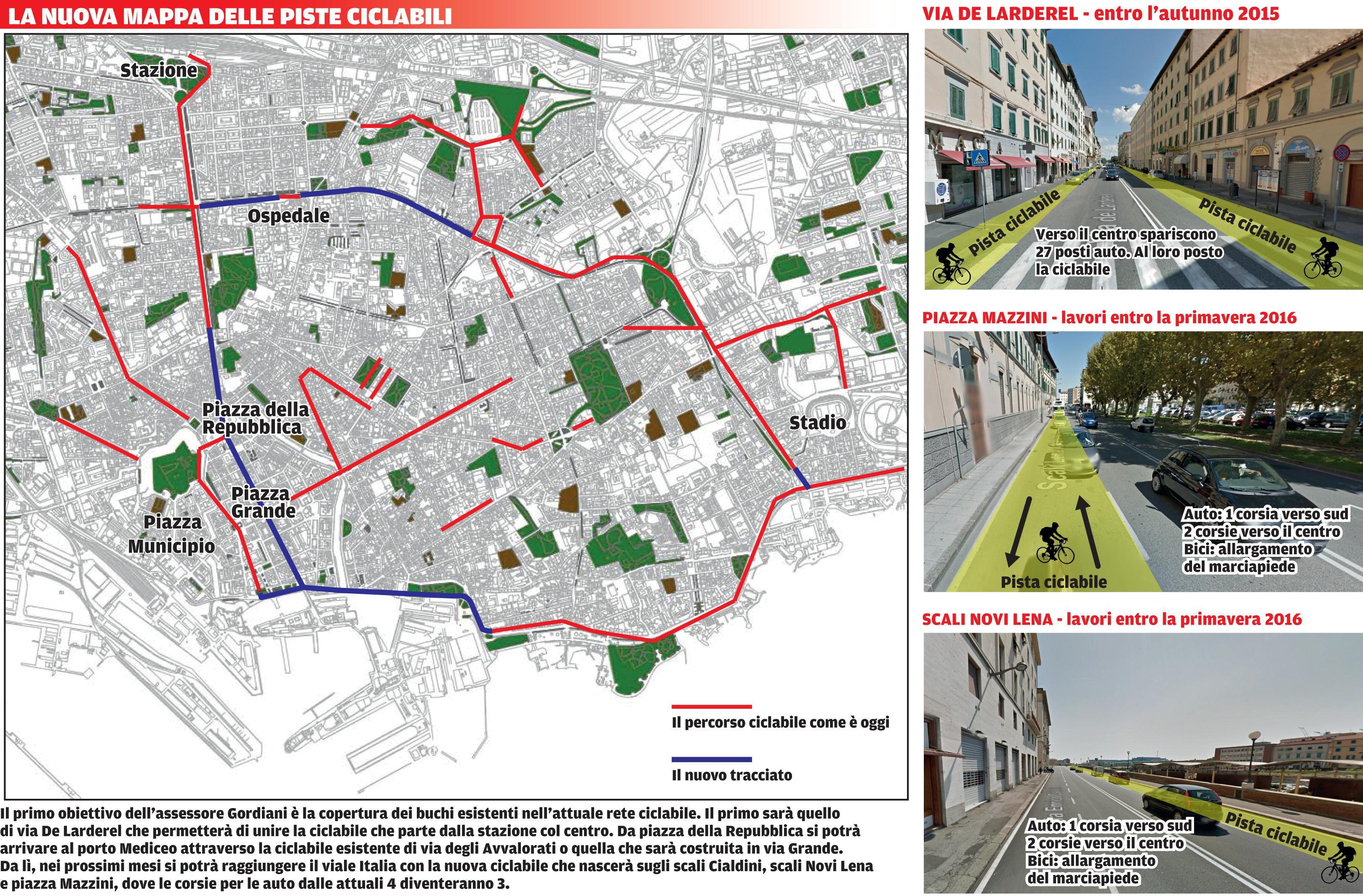 Ciclabile in via De Larderel, via 27 posti auto Una corsia in meno sugli scali Cialdini. La mappa