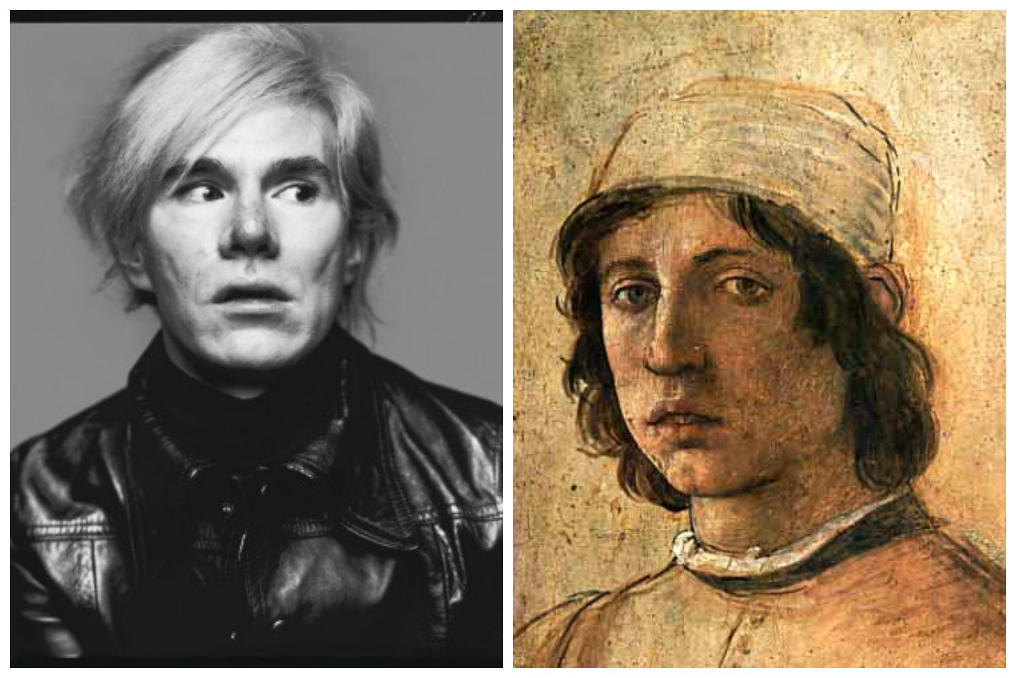 Andy Warhol accanto a un autoritratto di Filippo Lippi