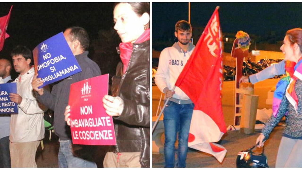 Diritti gay: manifestazione e contromanifestazione sul lungomare, a sinistra quella di La Manif Pour Topus per la difesa della famiglia e a destra quella per le tutela dei gay (Marzi Pentafoto)