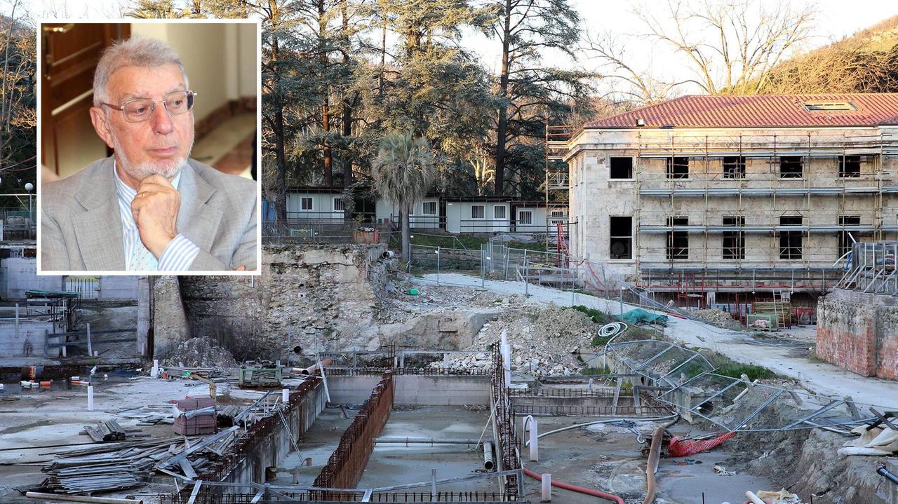Il cantiere della piscina termale alle Leopoldine e, nel riquadro, l’amministratore unico delle Terme