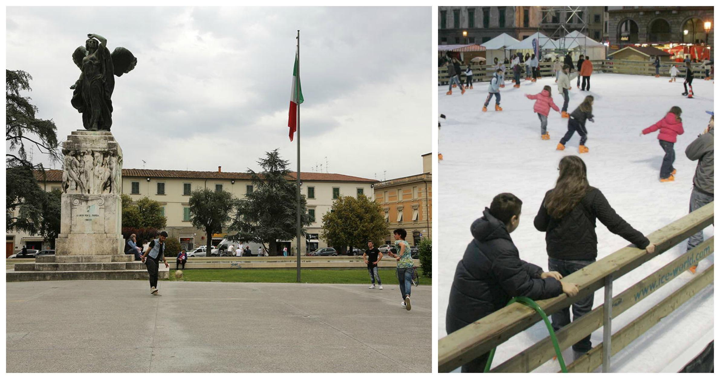 Piazza della Vittoria a Empoli e a destra una pista di pattinaggio (foto d’archivio)