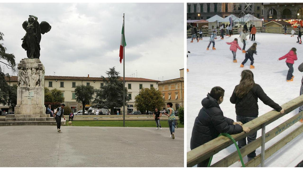 Piazza della Vittoria a Empoli e a destra una pista di pattinaggio (foto d’archivio)
