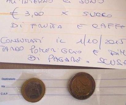 Si dimentica di pagare, invia tre euro al bar Franceschi con una raccomandata
