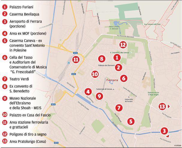 La mappa dei 13 immobili che passeranno dallo Stato al Comune di Ferrara