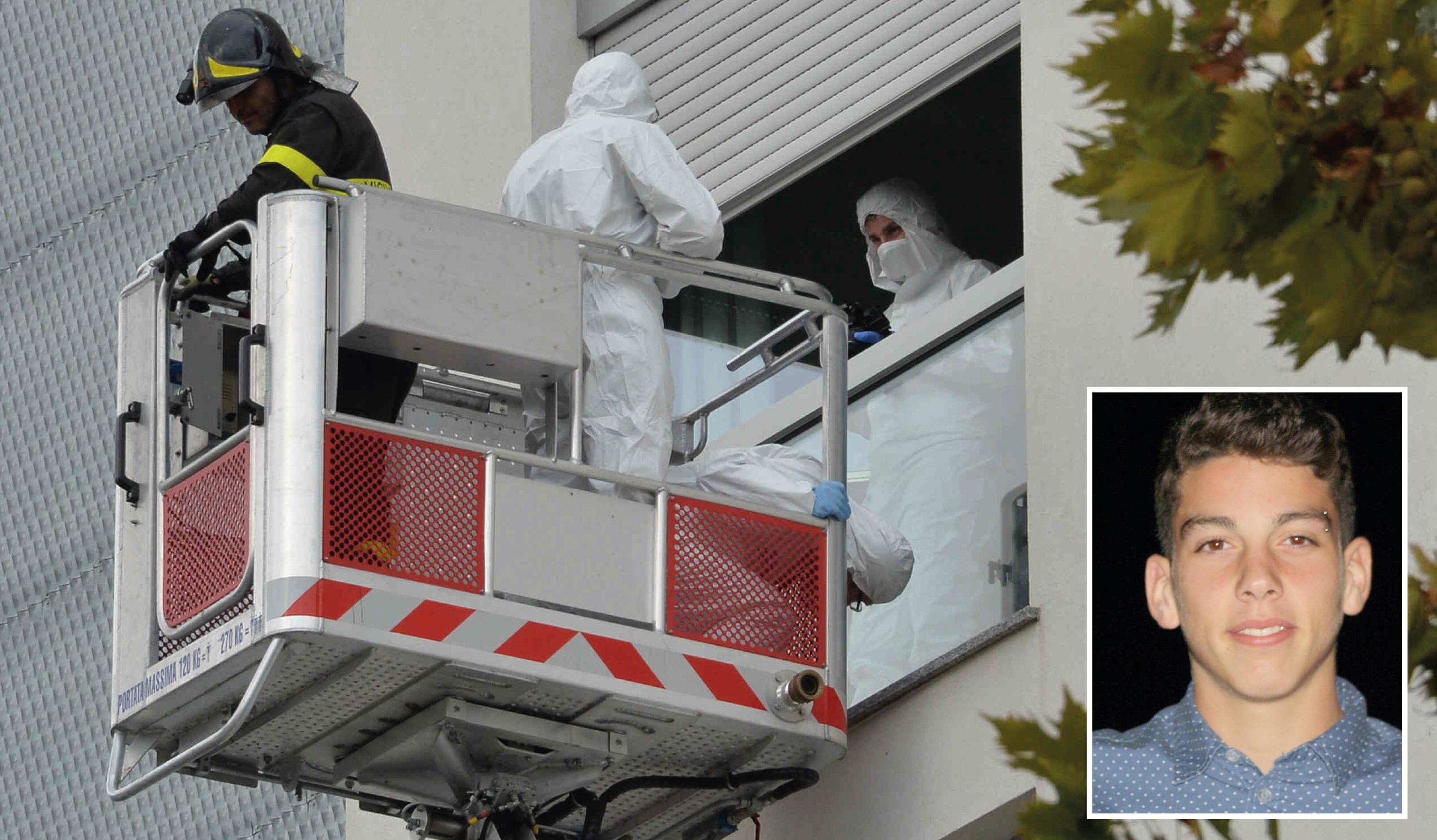 La polizia scientifica e i vigili del fuoco mentre ispezionano la finestra dalla quale è precipiato Elia Barbetti