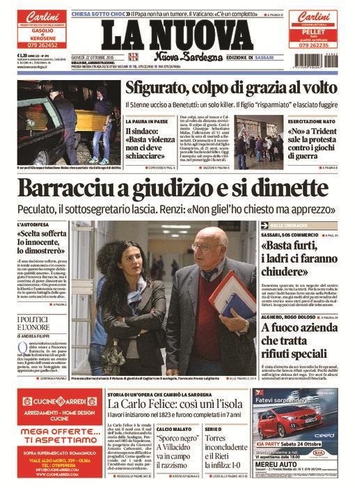 La Nuova Sardegna - Prima pagina - 22 ottobre 2015
