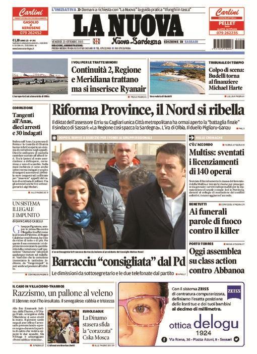 La Nuova Sardegna - Prima pagina - 23 ottobre 2015