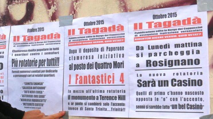 Locandine anti-rotatoria in Borgo è protesta
