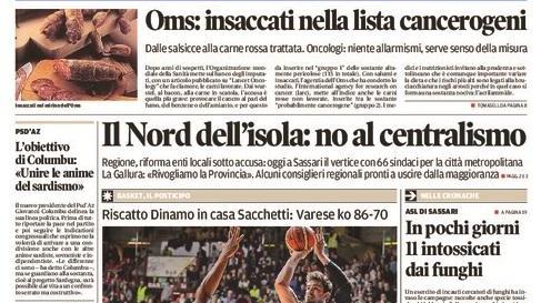 La Nuova Sardegna - Prima pagina - 27 ottobre 2015